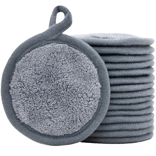 BloomSesame Reusable Makeup Remover Pads 16 Pack Microfiber Cleansing Facial Rounds Wipes Face Eyes Lips（3.5inch grey）